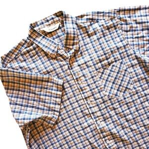 Kingsport Vintage Mens XL Blue Tan Plaid Short Sleeve Button Down Shirt 1980s